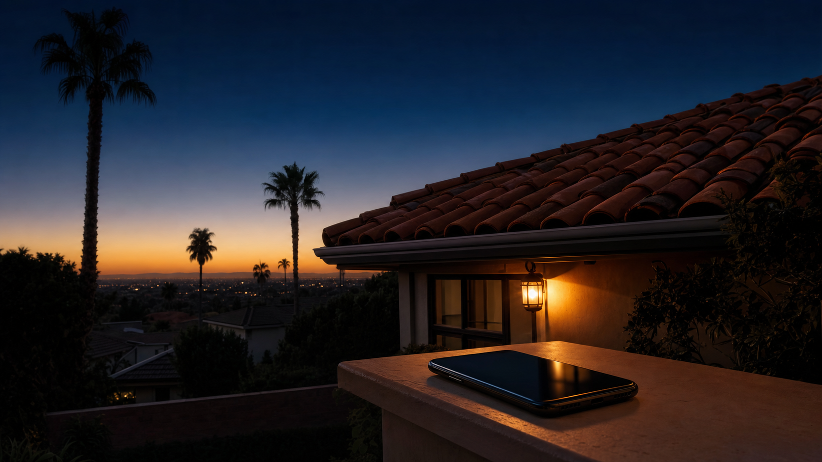 Southern California roof at dusk with a smartphone on a porch railing — Digitalift article on the cost of missed calls for roofing contractors