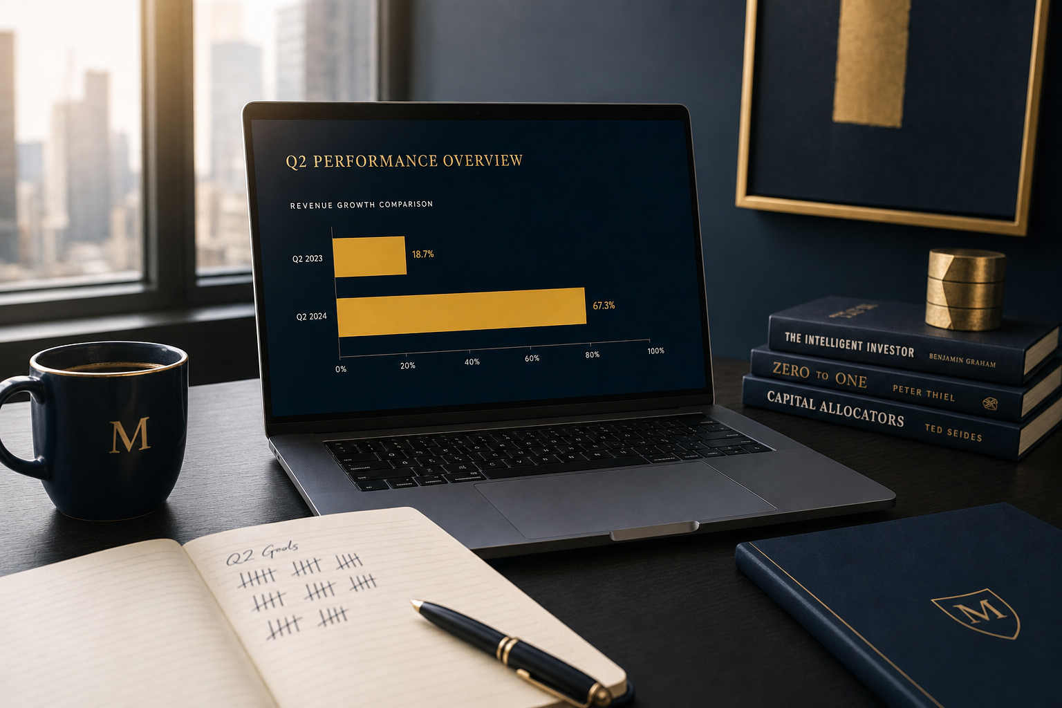 Editorial business photo of a laptop showing two contrasting bar charts in navy and gold — Digitalift case breakdown on the tracking gap at Precision Worldwide