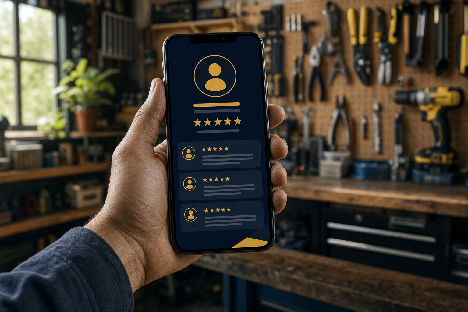 Smartphone displaying an abstract business profile with star rating and review tiles, held in a contractor workshop — Digitalift article on auditing your Google Business Profile